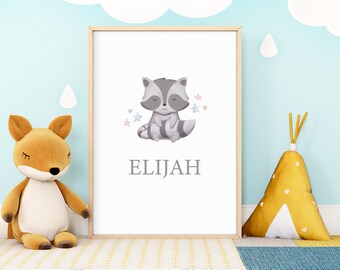 Personalized Child Name Wall Art, Baby Raccoon Digital Download, Child Gift, 112