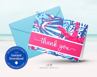 Hot Pink Thank You Card, Instant Download, Lilly Inspired, DIY Printable Notecard, A99, F99