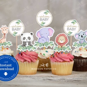 Jungle Cupcake Toppers, Safari Animals Jungle Animals Baby Shower Birthday Cupcake Decor, Printable Topper, Instant Download, B102