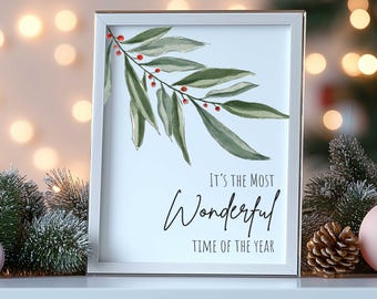 Watercolor Christmas Print, Holiday Greenery, Red Berries (Digital Download)