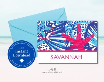 Printable Preppy Custom Name Note Card, Lilly Inspired Instant Download, Personalized Stationary, A99, E99