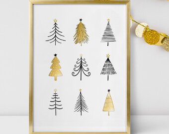 Black & Gold Evergreen Tree Christmas Decor Wall Art Gift, Christmas Trees, Digital Download, 113