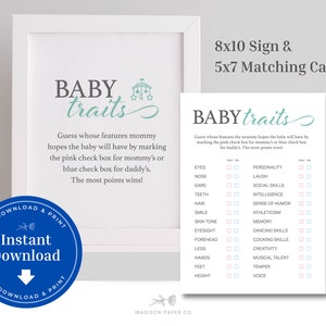 Baby Traits Mommy or Daddy Printable 5x7 Card and 8x10 Sign  |  Gender Neutral Baby Shower Game B100