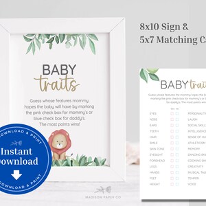 Safari Jungle Baby Traits Mommy or Daddy game | Gender Neutral Printable Design | B102