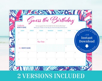 Lilly Inspired Baby Due Date Calendar, Baby Shower Game (Instant Download)