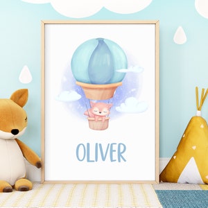 Custom Personalized Child Wall Art, Monogram Hot Air Balloon and Baby Fox