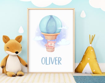 Custom Personalized Child Wall Art, Monogram Hot Air Balloon and Baby Fox