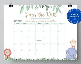 Jungle Safari Baby Shower Game, Guess Due Date Calendar (Editable Template, Instant Download)