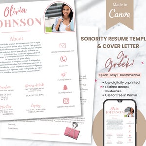 Sorority Resume Template pink Sorority recruitment resume and Cover letter, Rush resume Social Resume Sorority Canva Template Digital resume