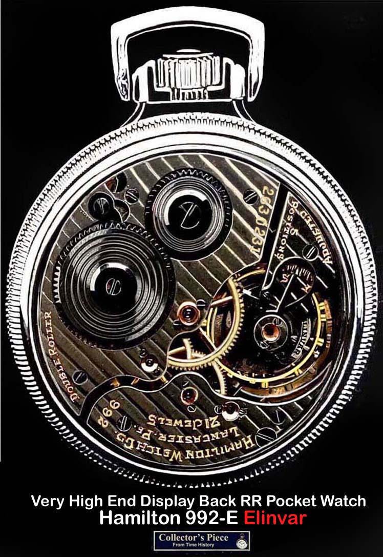 Antique Display Case Railroad Pocket Watch Hamilton 992-E,  ELINVAR