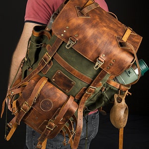 Mochila de lona encerada y cuero limitada / Mochila para acampar / Mochila para bushcraft / Viajes / Bushcraft / Camping / Senderismo / Personalización