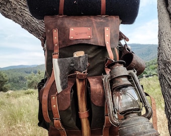 Bushcraft Backpack | Camping Backpack | Hiking Backpack | Canvas-Leather | Green-Brown-Black | Travel Backpack | Hiking Backpack | Rucksack