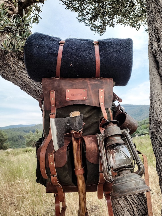 Bushcraft Backpack | Camping Backpack | Hiking Backpack | Canvas-Leather | Green-Brown-Black | Travel Backpack | Hiking Backpack | Rucksack