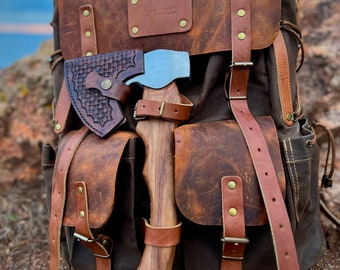 Custom | Outdoor | Camping | Hiking | Backpack | Canvas-Leather | Green-Brown | Hiking Backpack | Custom Backpack | Bag  | Personalization