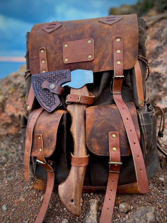 Custom | Outdoor | Camping | Hiking | Backpack | Canvas-Leather | Green-Brown | Hiking Backpack | Custom Backpack | Bag  | Personalization