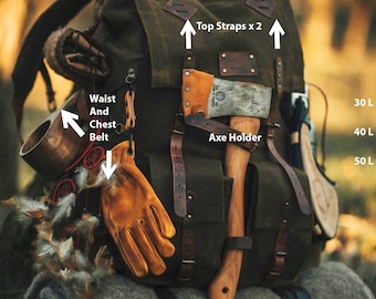 Outdoor | Camping | Bushcraft | Backpack | Canvas-Leather | Green-Brown | Bushcraft Backpack | Camping Backpack | Rucksack | Personalization