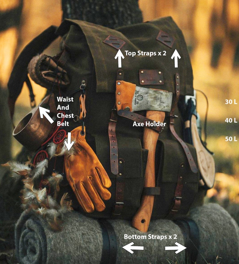 May include: A green canvas backpack with brown leather straps and buckles. The backpack has an axe holder, a waist and chest belt, and two top straps. The backpack is sitting on a brown blanket.