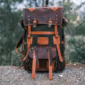 Kampeerrugzak | Bushcraft-rugzak | Groen | Rugzak van gewaxt canvas | Reizen | Bushcraft | Kamperen | Wandelen | Personalisatie