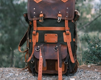 Camping Backpack | Bushcraft Backpack | Green | Waxed Canvas Backpack | Travel | Bushcraft | Camping | Hiking | Personalization