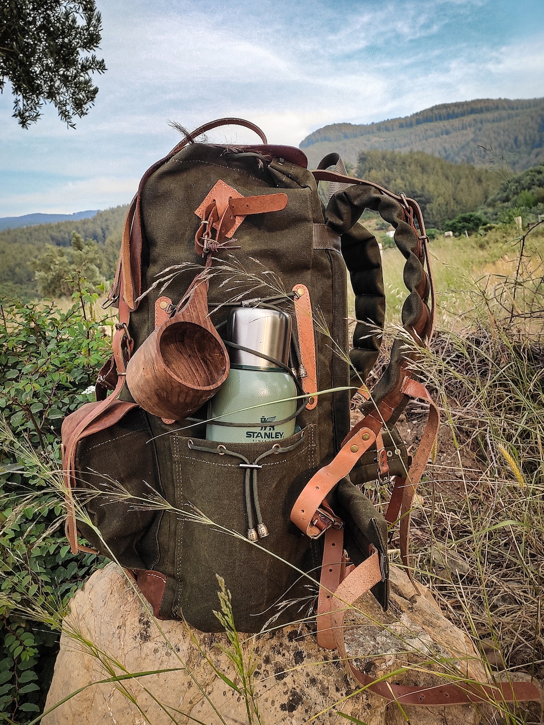 Hiking Backpack Canvas-leather Green-brown-black Options Travel