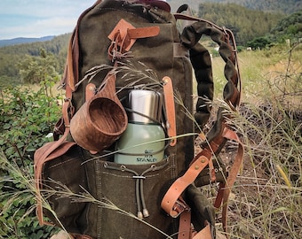 50L | Bushcraft Backpack | Camping Backpack | Hiking Backpack | Canvas-Leather | Green-Brown-Black | Travel Backpack | Hiking Backpack |