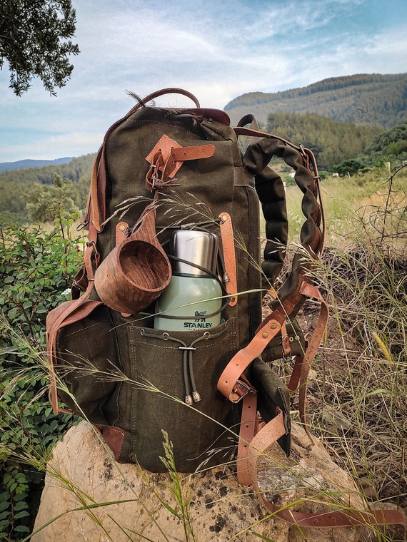 50L | Bushcraft Backpack | Camping Backpack | Hiking Backpack | Canvas-Leather | Green-Brown-Black | Travel Backpack | Hiking Backpack |