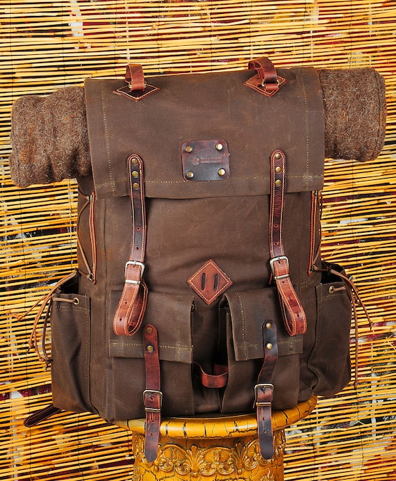 Hiking | Camping | Bushcraft | Backpack | Canvas-Leather | Green-Brown | Bushcraft Backpack | Camping Backpack | Rucksack | Personalization