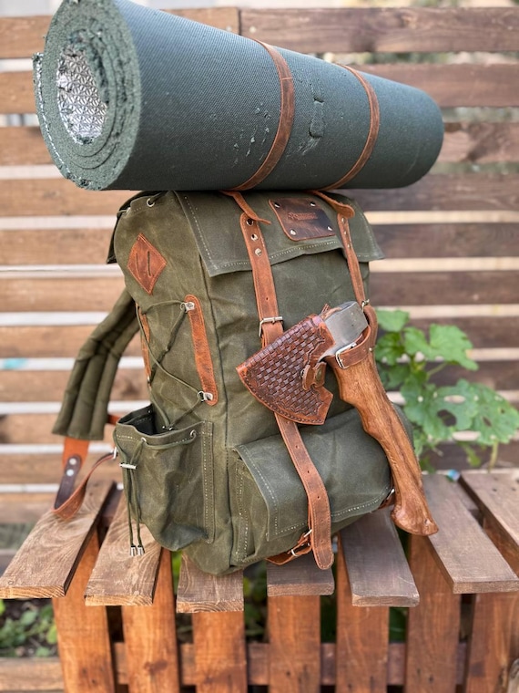 50L Waxed Canvas Bushcraft Backpack | Leather Trim Hiking Bag