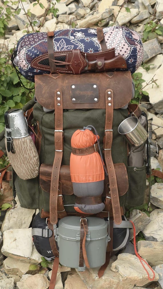 Camping Backpack Hiking Backpack Canvas-Leather | Green-Brown | Travel Backpack | Bushcraft Backpack | Rucksack | Personalization