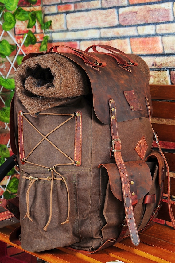 Camping Backpack Bushcraft Backpack Canvas-Leather | Green-Brown | Travel Backpack | Hiking Backpack | Rucksack | Personalization