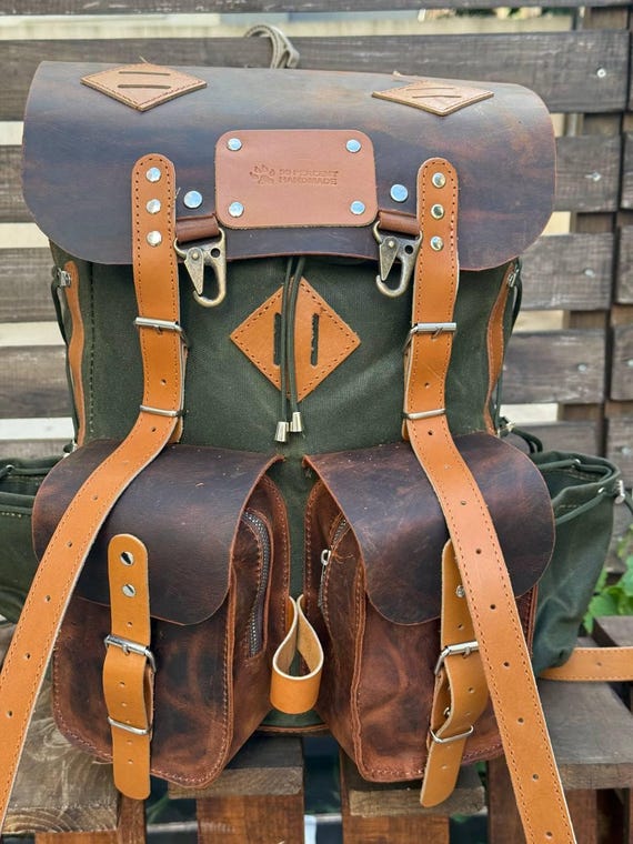 Handmade Leather & Waxed Canvas Travel Backpack | 45L Travel, Laptop Rucksack