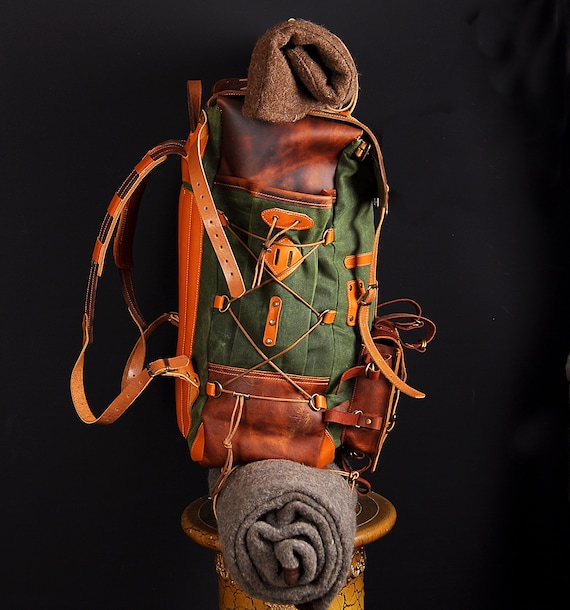 Custom | Bushcraft Backpack | Brown | Green | Camping Backpack | Leather Backpack | Travel | Bushcraft | Camping | Hiking | Personalization