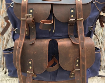 30L to 50L| Handmade Leather and Waxed Canvas  |  Bushcraft Backpack  |  Camping Backpack  | Hiking Backpack | Personalization