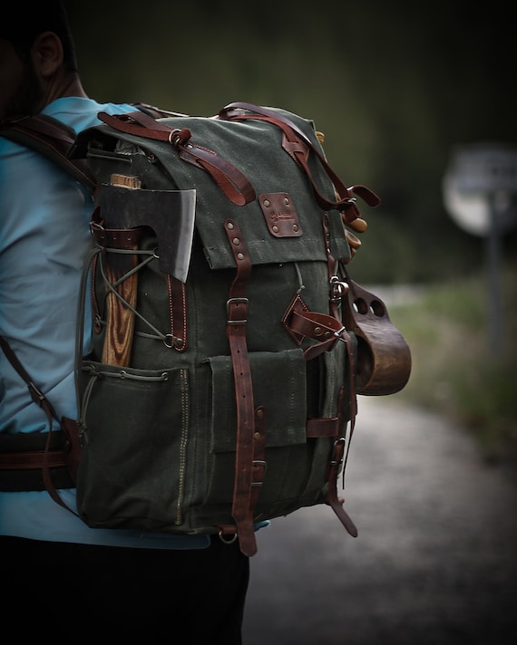 Camping | Camping Backpack | Bushcraft Backpack | Canvas-Leather | Green-Brown | Travel Backpack | Hiking Backpack | Rucksack |