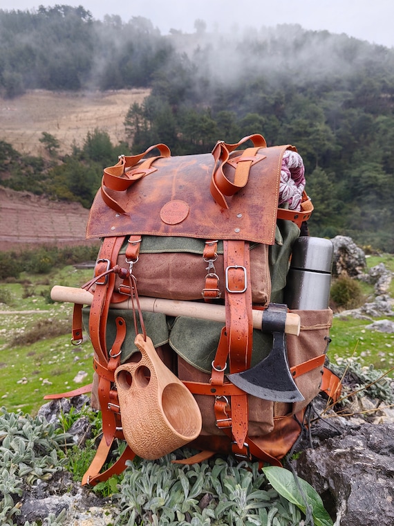 45L Handmade Leather and Waxed Canvas Bushcraft Backpack Camping Backpack Hiking Backpack Personalization Etsy Canada