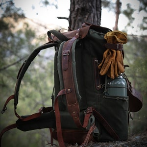 Camping Rucksack | Bushcraft Backpack | Canvas-Leather | Green-Brown | Travel Backpack | Hiking Backpack | Rucksack | Personalization
