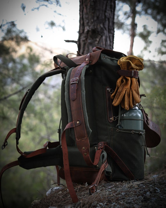 Camping Rucksack | Bushcraft Backpack | Canvas-Leather | Green-Brown | Travel Backpack | Hiking Backpack | Rucksack | Personalization