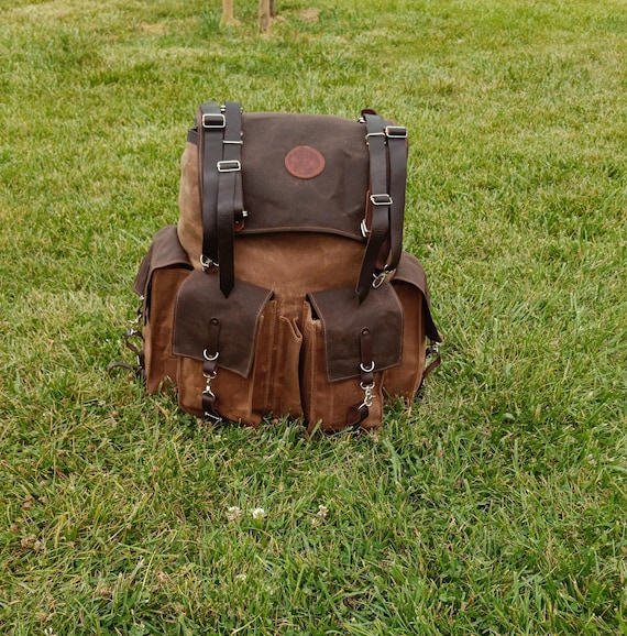 Bushcraft | Camping Backpack | Bushcraft Backpack | Canvas-Leather | Green-Brown | Travel Backpack | Hiking Backpack | Rucksack |