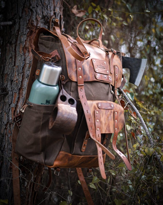 New Bushcraft Backpack with Green Brown Options, Camping Backpack,  Travel, Bushcraft,  Camping, Hiking, Personalization