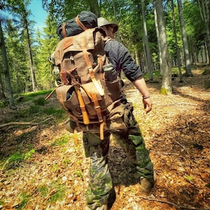 50L | Campingrugzak |  Bushcraft-rugzak | Wandelrugzak | Canvas-leer | Groen-bruin-zwart | Reisrugzak | Wandelrugzak |