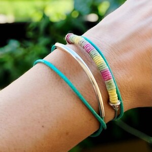 Set of layering bracelets -1 triple leather tube bar bracelet and a color block pastel handwrapped tube bar  - mint rose yellow -  stacking