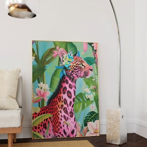 Colourful Pink Giraffe Wall Art, Bright Abstract Art Poster, Floral Flowers Poster Print, Pink Leopard Jungle Art , A5, A4, A3, A2 Unframed