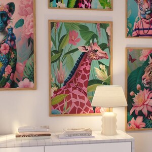 Colourful Pink Giraffe Wall Art, Bright Flower Art Poster, Floral Flowers Poster Print, Tropical Giraffe Art , A5, A4, A3, A2 Unframed Print