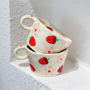 Strawberry Hand Painted Mug Rustic Flower Cup