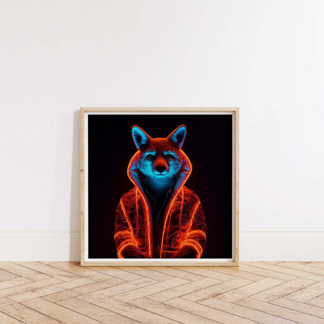 the-orange-neon-fox-animal-wall-art-print-neon-animal-animal-etsy