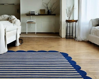 Hand Tufted Scalloped Wool Rug: Modern Blue Striped Area Rug