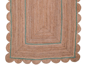 Alfombra de yute de vieira verde helecho natural, corredor de yute festoneado, corredor de yute de área grande, alfombras de dormitorio/salón/pasillo, alfombra personalizada trenzada a mano