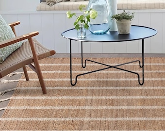 Handwoven Striped Jute Rug: Reversible Eco-Friendly Wool & Hemp