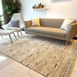 Hand Tufted Beige Striped Wool Rug, Modern Area Rug for Living Room, Soft Handmade Carpet, Elegant Home Decor, 9x12 Wool Rug