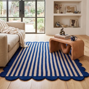 Hand Tufted Scalloped Wool Rug: Modern Blue Striped Area Rug